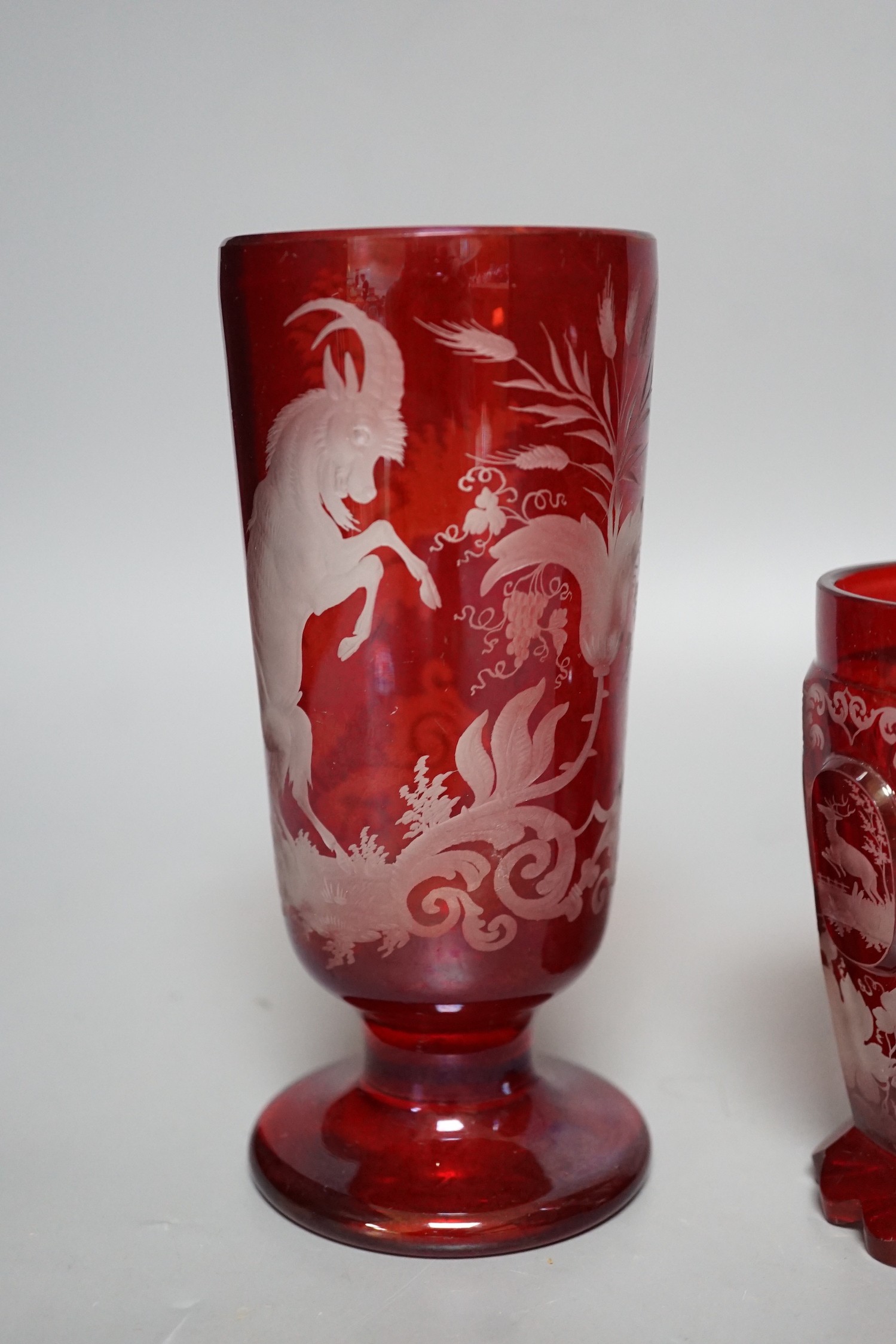 Two Bohemian Red stained glass vases and a comport, tallest 17cms high